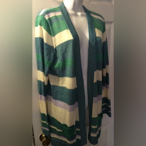 NWT ECI New York Striped Cardigan Sweater Turquoise Green Purple Long Metallic - Picture 2 of 7